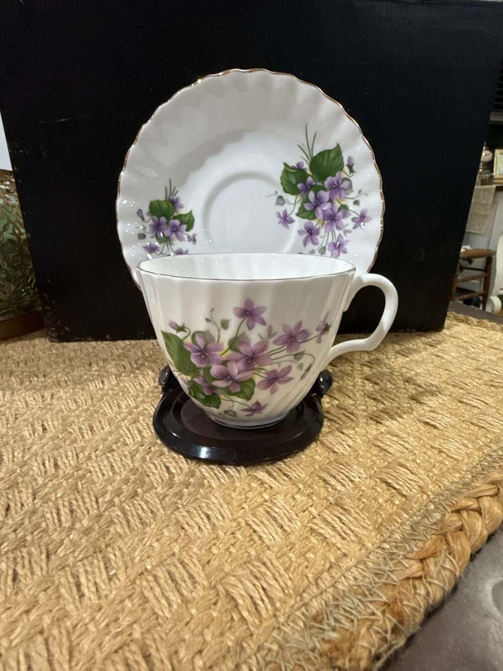 Crown Dorset Finest Bone China Teacup and Saucer Set with Violet Floral Pattern